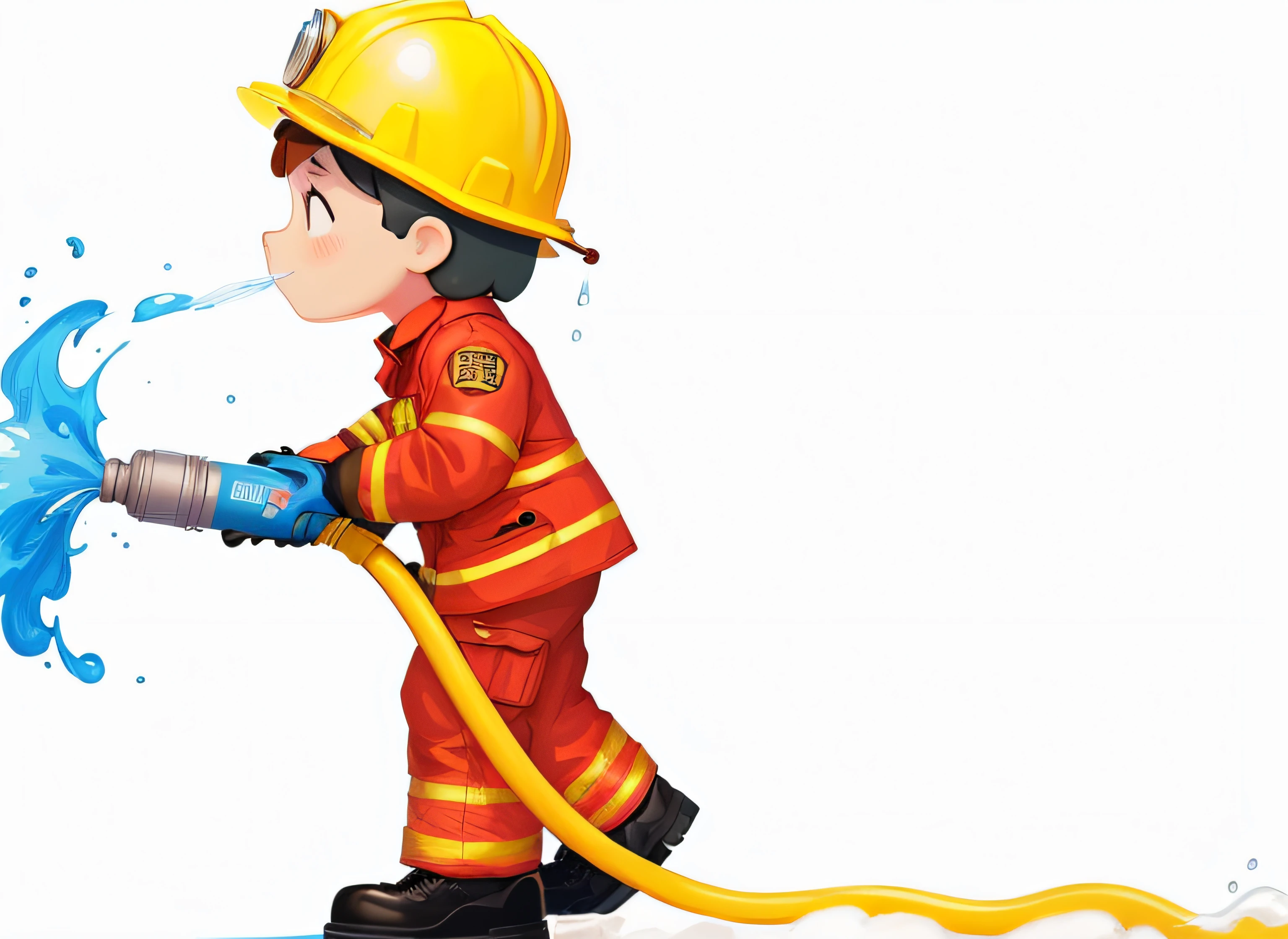 Illustration of firefighter spraying water on hose, wearing plumber uniform, fireman, fireman, Firefighter Sam, rubber hose animation, hd illustration, hoses, Rubber hose type, Fire Equipment, a cartoon illustration, professional illustration, isolated on white background, Young female firefighter, holding a flamethrower, Keep fire and electricity, A beautiful artistic illustration, exquisite illustration