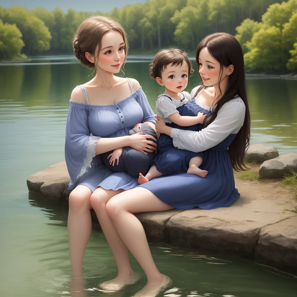 Mother with her baby by the lake
