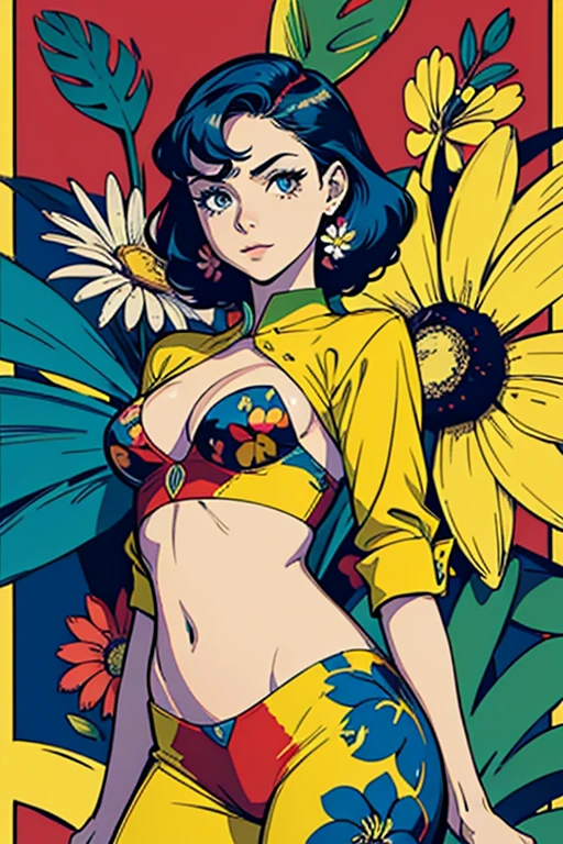 Criar arte digital no estilo Pop Art, de um gato vibrante e confiante,esquema de cores do filme, Rodeado por motivos de flores vintage, Pinceladas vibrantes,Emotions Should Be Dynamic, parte superior do corpo, desenho, illustration, escala cinza, tropical, muitas flores,