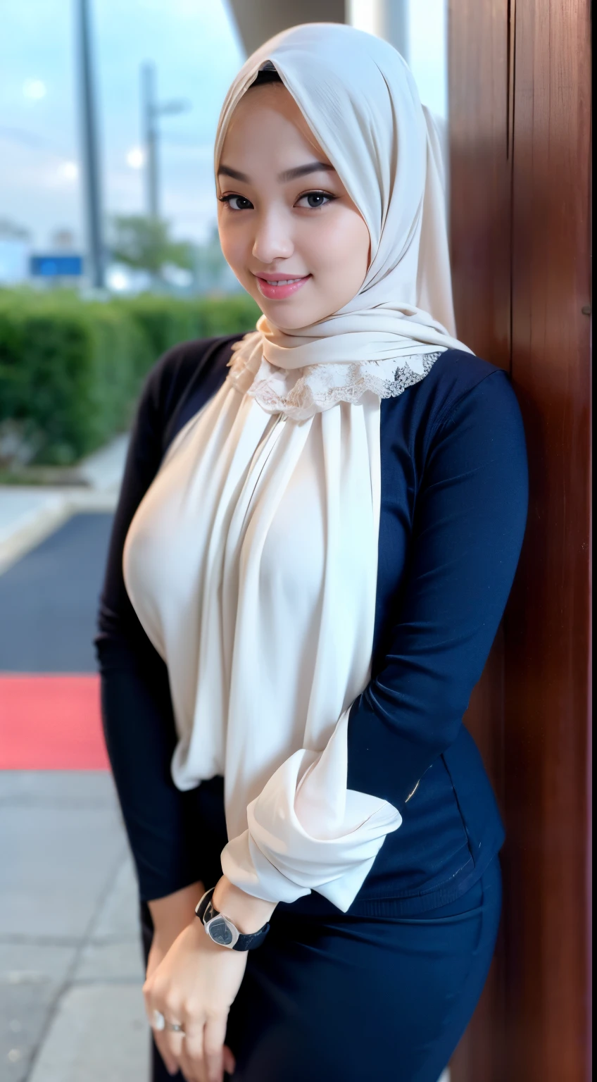 1 malay girl , modern plain hijab, shy, medium portrait shot , watery eyes , Beautiful, Amazing face and eyes, (extremely detailed beautiful face), (the most sexy look), (Beautiful big breasts), (Best Quality:1.4), (Ultra-detailed), (extremely detailed CG unified 8k wallpaper), Highly detailed, raw photos, Professional Photography, ((White Business Suit)), (tight legging), (Business shirt with open button and see a lace bra), Outdoors, (business district, night city, illuminations), (night sky), depth of fields,