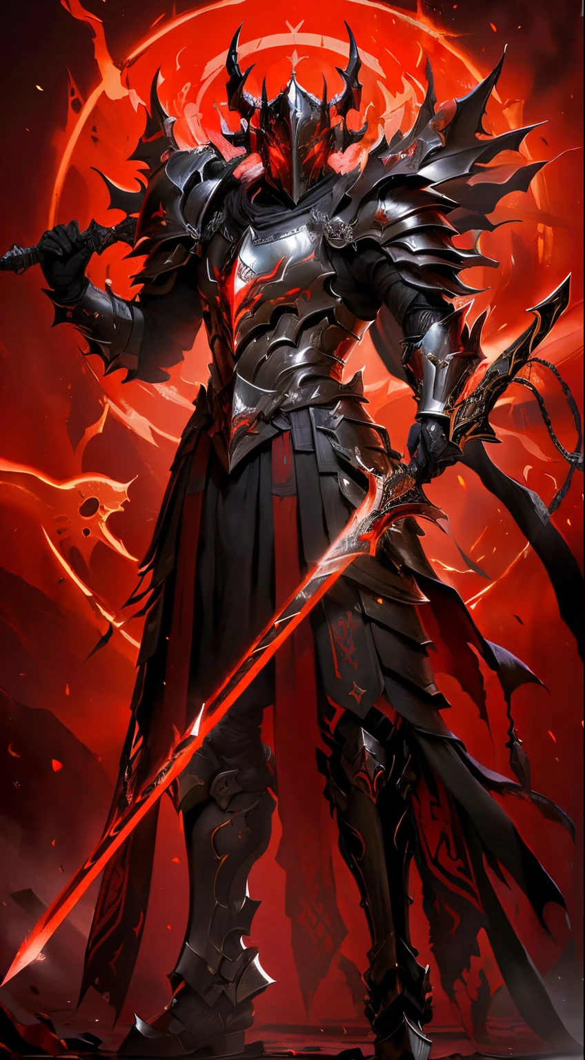um close up de uma pessoa com uma espada e armadura, cavaleiro de sangue, ares com armadura pesada e espada, Armadura refletida cor de fogo preta, armadura vermelha de sangue, armadura preta e vermelha, Governante do Inferno, Dragon Knight, Senhor de Cinder, red demon armor, armadura refletida preta e vermelha, por Yang J, arte oficial splash, arte guildwar, armadura vermelha