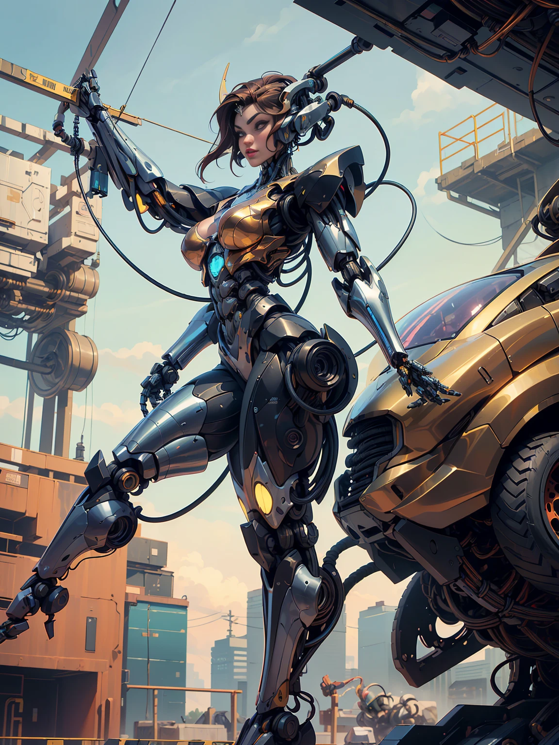 (beautiful cyborg queen:1.5), (robotic mechanical physique:1.5), (1 super muscular cyborg demoness:1.5), (covered in cables and mechanical muscles:1.5), (android muscular anatomy:1.5), (perfect fingers:1.25),(8k, RAW photo, photorealistic:1.25), sci fi atmosphere, futuristic technopia, alien landscape,