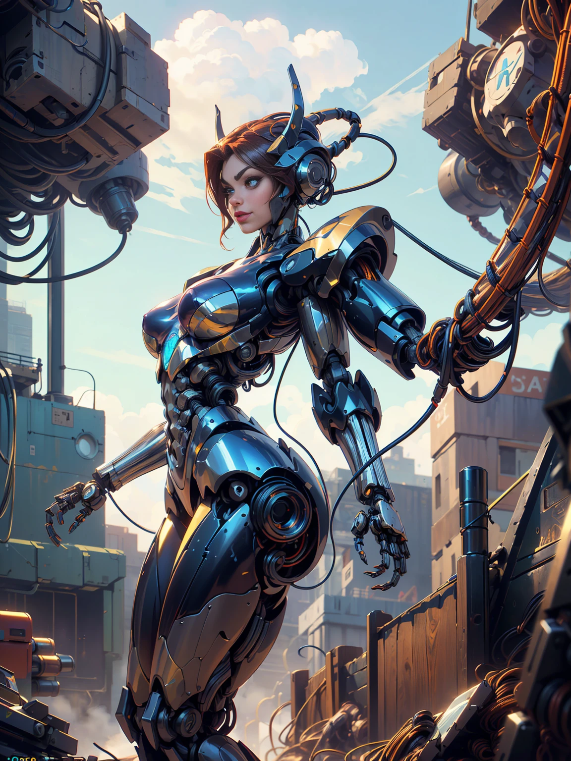 (beautiful cyborg queen:1.5), (robotic mechanical physique:1.5), (1 super muscular cyborg demoness:1.5), (covered in cables and mechanical muscles:1.5), (android muscular anatomy:1.5), (perfect fingers:1.25),(8k, RAW photo, photorealistic:1.25), sci fi atmosphere, futuristic technopia, alien landscape,