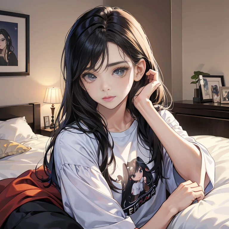 aayorf, red eyes, black hair, long hair, ponytail, beautiful, beautiful woman, perfect body, perfect breasts, wearing a big white t-shirt, black panties, in bed, bedroom, bed, sitting on the bed sleeping, looking at the viewer, slightly smiling, realism, masterpiece, textured skin, super detail, high detail, high quality, best quality, 1080p, 16k