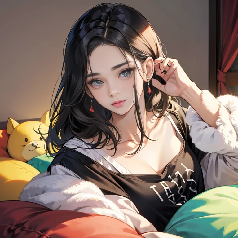 (best quality,4k,high resolution), 18yo mulher, Destaques vermelhos no cabelo preto, cabelos longos, Cabelos lisos, Mulher legal, olhos frios,rosto sonolento , intrinsecamente desenhado, retrato realista,, own room,em uma casa,Relaxe no seu quarto,Oversized,letra T-shirt,Sistema de fraqueza,Large stuffed animal,tamanho grande,quarto bonito,nas camas , ,