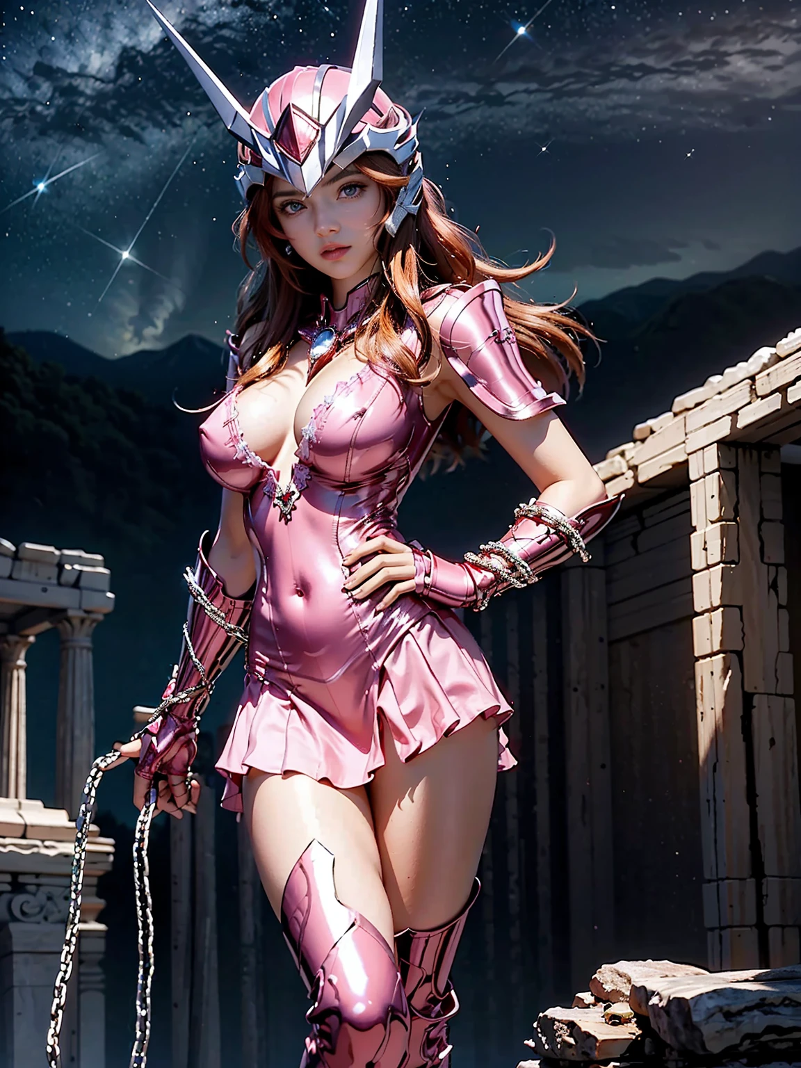 masterpiece, best quality, ultra high res, realistic skin texture, armature, photorealistic, high resolution, raw photo, shiny skin, realistic skin texture, best lighting, sparkle, dramatic lighting, dynamic pose, Greek temple background, night sky, cosmos, milky way, 1girl, balanced eyes, Andromeda Shun, pink armor, roman skirt plate, breast plate, cleavage, red hair, pink helmet, blue eyes, looking at viewer, large breast, slight smile, chains