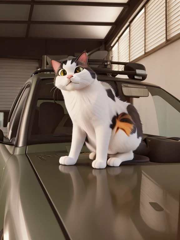 There is a black and white cat on a bonnet of a olive green colour Double cab. The Black and white cat is Staring at the camera. Cat looks angry. Cat has black and white fur. Half Persian cat. There is a brown colour roller in the background. High resolution photo. Disney Pixar animated effect. Disney Pixar cartoon effect. Uhd photo clear brown eyes. Angry cat.