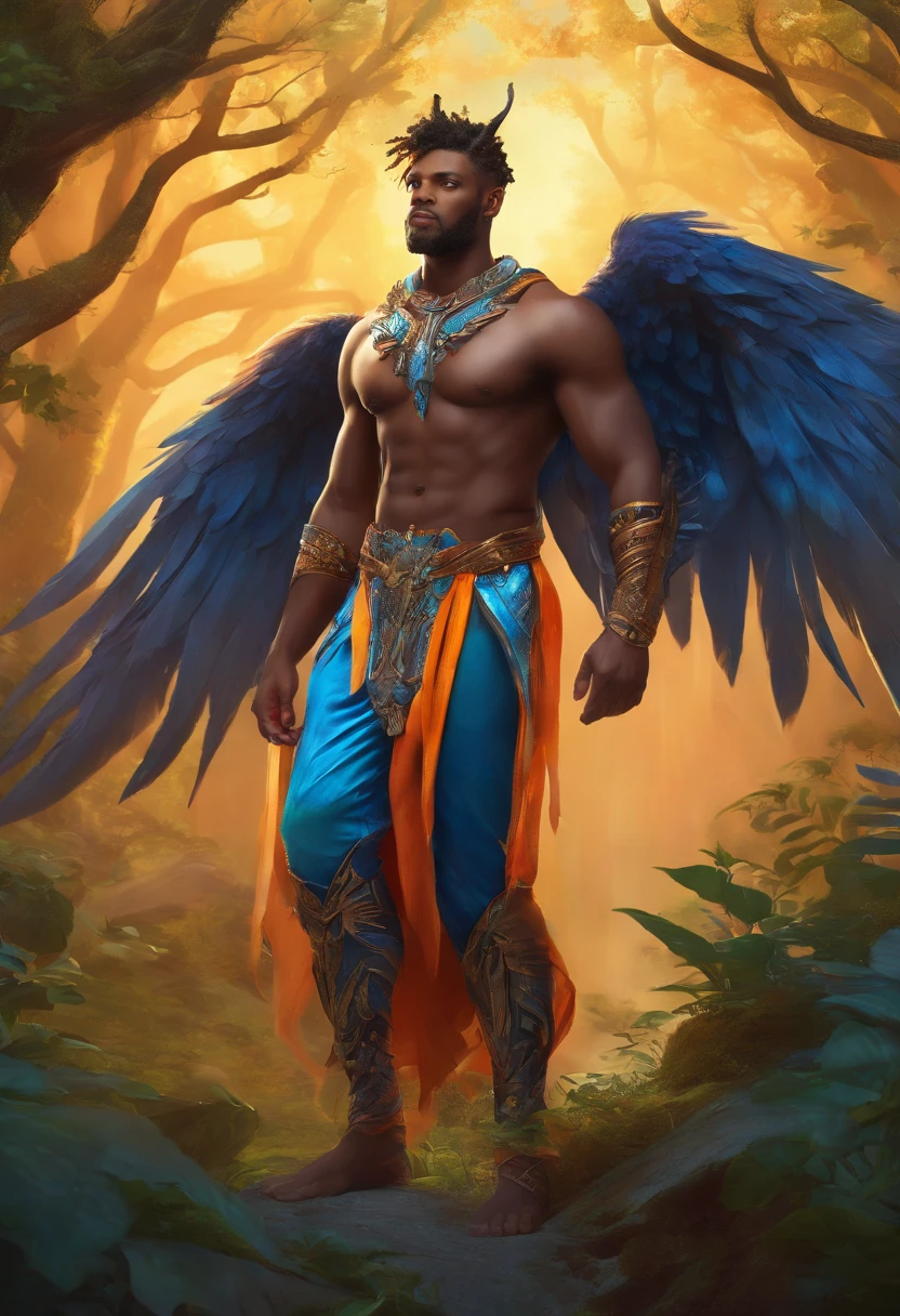 Black demon beautiful male black man with blue and orange details, large wings, Forest in the background, Vibrant colors, Full body, Detailed face, Detailed hand, Detailed legs, Detailed fingers, detailed hairs, Detailed eyes, Detailed skin, Blurred background of lush vegetation, Vibrant colors, Lush light, Soft light, Sunset light, Smooth light, Symmetrical, Full body, Reflectors, HDR Dynamic Lighting, 8K resolution, cinematic film, Smooth, Sharp Focus, Realistic, strobe lightbeams, ((Blurred background)):1.7, (((depth of fields)) ):1.8, Cinestill 800t 35mm, High quality, heavy grain, high detailing, Cinematic composition, Dramatic light, Anamorphic, ultra wide lens, hyper realisitic