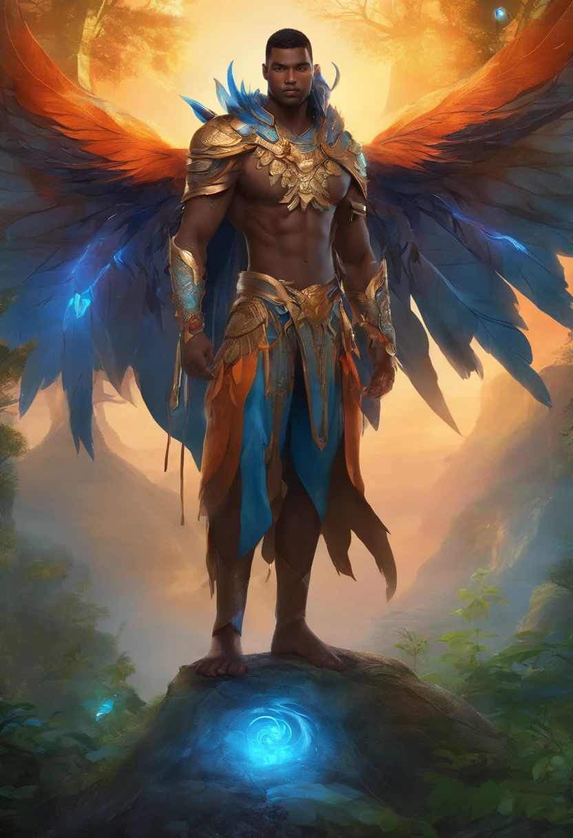 Black demon beautiful male black man with blue and orange details, large wings, Forest in the background, Vibrant colors, Full body, Detailed face, Detailed hand, Detailed legs, Detailed fingers, detailed hairs, Detailed eyes, Detailed skin, Blurred background of lush vegetation, Vibrant colors, Lush light, Soft light, Sunset light, Smooth light, Symmetrical, Full body, Reflectors, HDR Dynamic Lighting, 8K resolution, cinematic film, Smooth, Sharp Focus, Realistic, strobe lightbeams, ((Blurred background)):1.7, (((depth of fields)) ):1.8, Cinestill 800t 35mm, High quality, heavy grain, high detailing, Cinematic composition, Dramatic light, Anamorphic, ultra wide lens, hyper realisitic