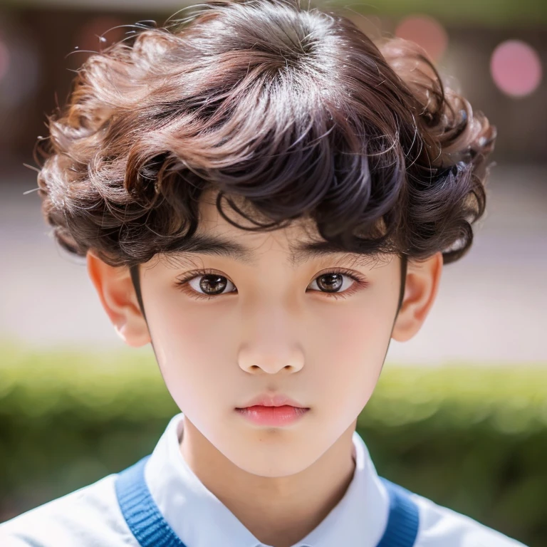 a Korean boy, wearing a red school uniform, he has a sharp jawline , big eyes with curly eyelashes and hazel colored eyeballs, a sharp nose, and pink lips