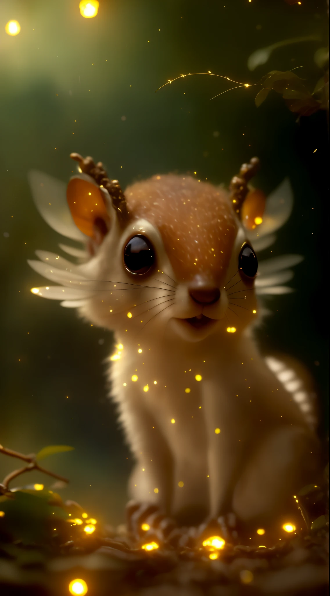 Close up of cute tiny fireflies, Fluffy tail protrudes from behind, Horns, shiny silver fur, Squirrel, tasseled ears, illuminate the bush, a detailed painting, cgsociety, Detailed painting, artstation hd, high detail, cgsociety, photo realism, Concept art, artstation hd, official arts, bokeh, 真实感, Realism, Squirrel, tasseled ears, holding a nut in his paws, acorn, tmasterpiece, Brad Jongsan walks in the jungle (Night of the Fireflies), (higly detailed: 1 1), rough face, natural skin, hiquality, NSFW, pretty eyes, (Detailed face and eyes), (s face: 1 2), tumult, Complementary, real-photo, .....PSD, Lightweight Film Photography, sharp-focus, contrast lighting, Detail Skin, high resolution 8k, Crazy detailing, Realistic, professional photo of a, 8K UHD, dslr, soft light, hiquality, film grains, Fujifilm XT3