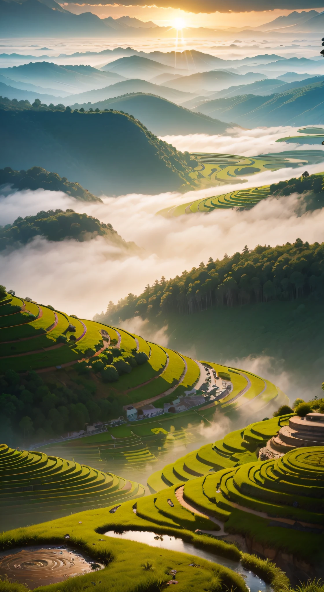 Wallpapers, Step into the world of natural art, The terraces paint a mesmerizingly beautiful picture. Each level, Carefully carved into the land, transformed into a vibrant green canvas, Reflecting the warm embrace of the sun. At dawn the fog passes through the layers, These undulating landscapes seem to whisper stories of generations closely connected to this land.., Evoking a sense of tranquil wonder that only nature can provide'masterpieces can be provided.
