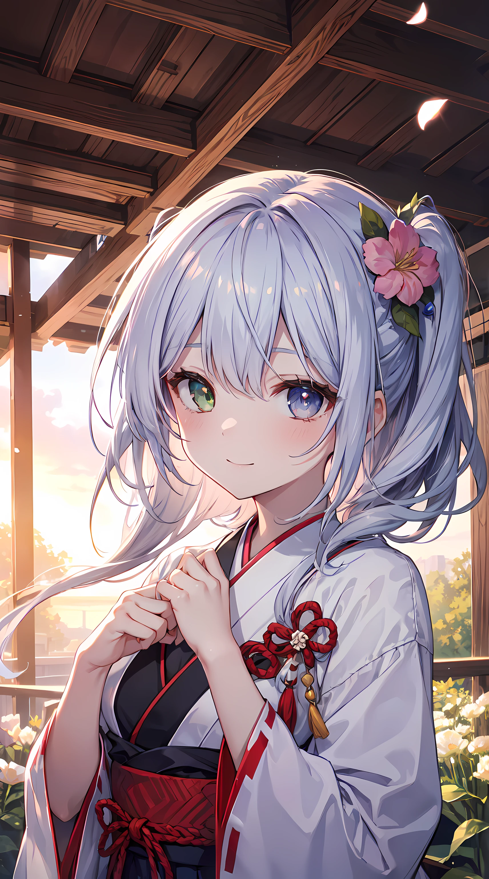 (Blooming flowers,early summer),Green meadow, bright sun light, the sunset, Forest path, Delicate petal texture, Fluttering skirts, Cute bow, Natural wind, light wind, Happy smile, Homely atmosphere, sweet intimate moments, Highly saturated colors, The hue of the gradient, Harmony of light and shadow, Natural soft light, Brilliant rainbow, Detailed depiction of the, Vivid painting effect,(ultra - detailed, actual), Vibrant colored hair, shinny hair, hair parted back, hair pin, Colored eyes, glowing light eyes, Heterochromia, ear nipple ring, shyexpression, face flushed, covered mouth, Enchanted smile, Japanese anime, Ray traching, hyper HD, tmasterpiece:1.2, Anatomically correct, ctextured skin, ultra - detailed, high high quality, high detal, Best quality at best, A high resolution, 16k