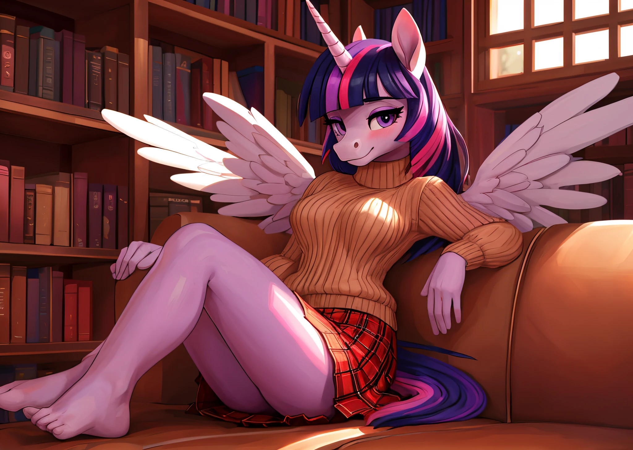 [twilight sparkle], [Uploaded to e621.net; (Pixelsketcher), (mayosplash), (wamudraws)], [uploaded to twitter.com; (@senip)], ((masterpiece)), ((HD)), ((solo portrait)), ((full body)), ((front view)), ((feet visible)), ((furry; anthro horse)), ((detailed fur)), ((detailed shading)), ((beautiful render art)), {anthro female; (slim figure), light-purple fur, horse snout, (long purple hair pink highlights), (long purple tail pink highlights), (light-purple unicorn horn), (light-purple pegasus wings), (long eyelashes), (cute purple eyes), (small boobs), (gorgeous hips), (beautiful legs), (beautiful feet), (blushing), (cute smile)}, {(beige sweater), (red plaid skirt)}, {(laying on couch), (holding book), (legs crossed), (looking at viewer)}, [background; (library), (bookshelves), (window), (blue sky), (sun rays)]