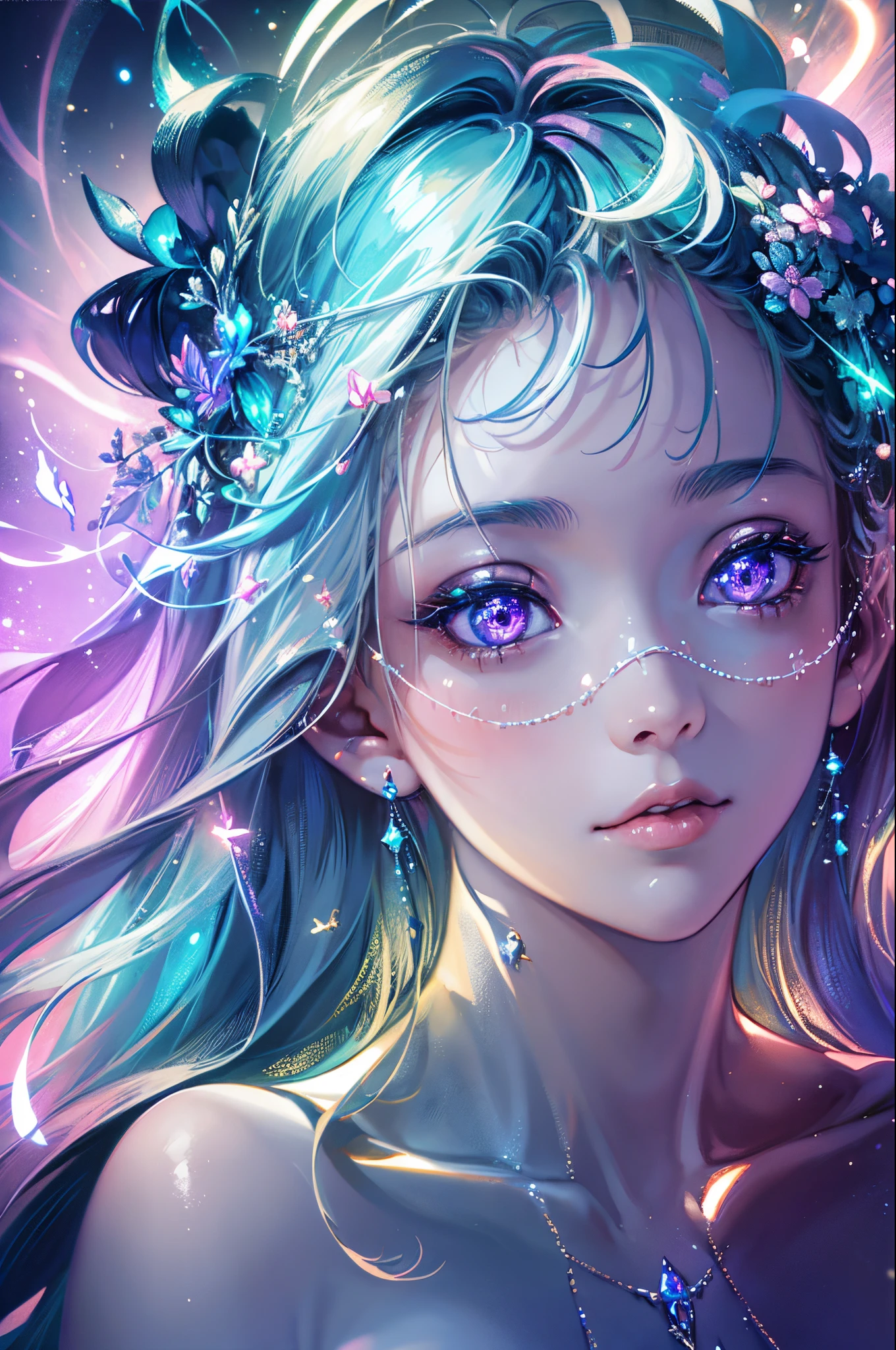 ((best quality)), ((masterpiece)), ((realistic)), portrait,2girl, celestial, deity, goddess, light particles, halo, looking at viewer,empty, (bioluminescent:0.95) ocean, bioluminescent, vibrant, colourful, color, (glowing, glow), (beautiful composition), cinematic lighting, intricate, (symmetrical:0.5), whimsical, --auto --s2