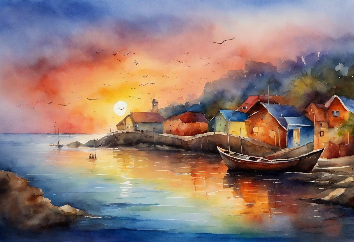 wide angles,8k,k hd,Faraway view,beachside,sea island,fishing village, fishing boat,the sunset,Go fishing