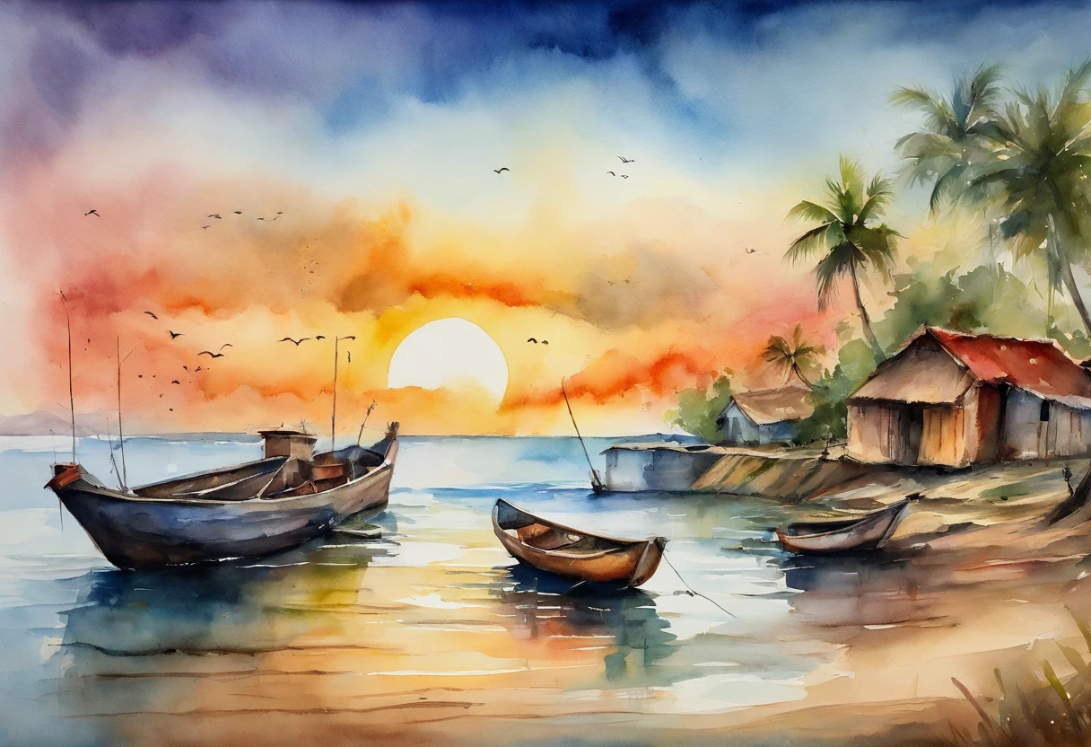 wide angles,8k,k hd,Faraway view,beachside,sea island,fishing village, fishing boat,the sunset,Go fishing