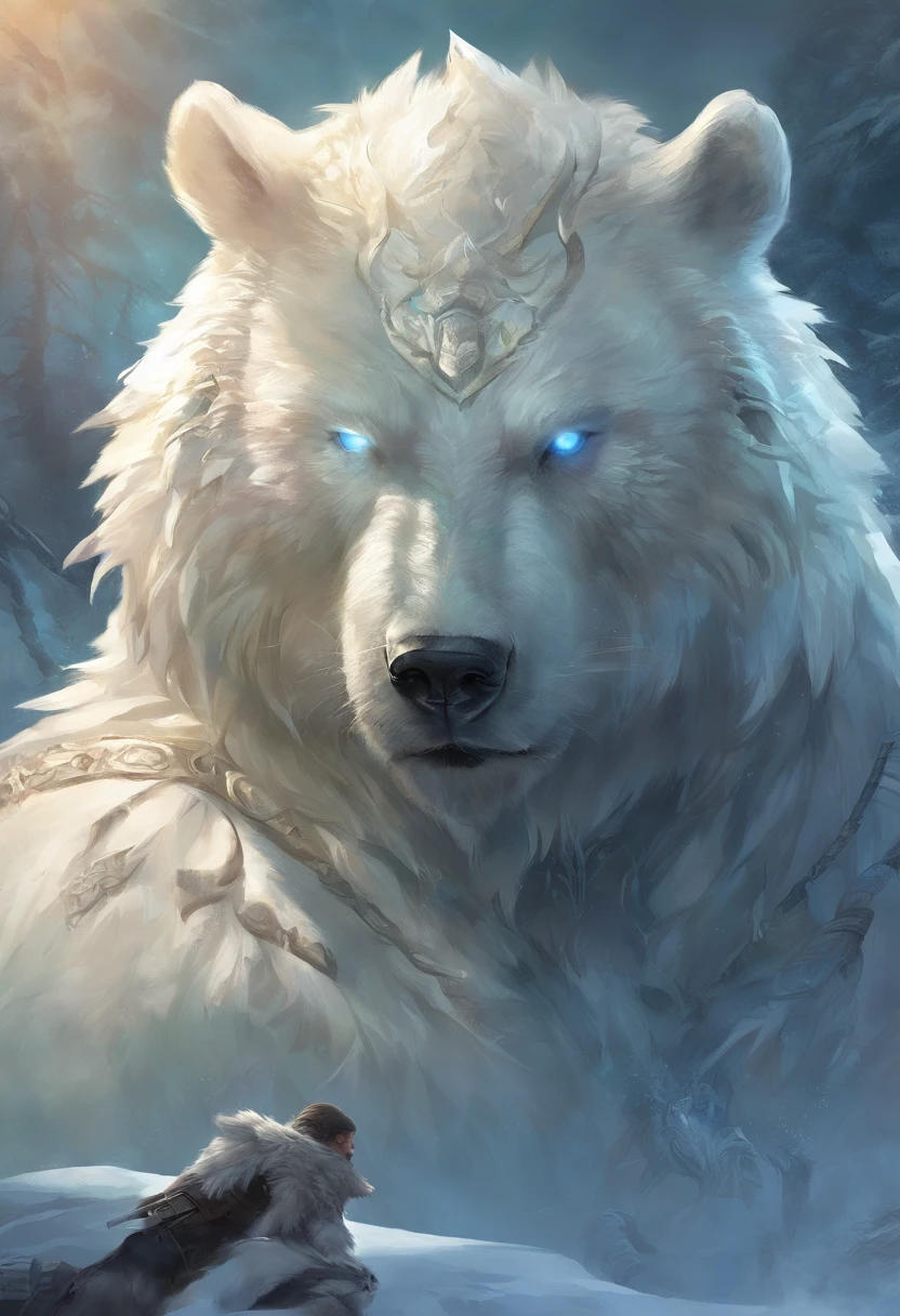 Close-up of a white bear with blue eyes, fur-clad barbarian goliath, giant bear human hybrid, Wearing intricate fur armor, gnoll, detailed white armor, Raging Bugbear, Male polar explorer, bugbear, Fur armor, intricate white armor, Manbear Pig, Titans of Erebos, 12 Ursa Major, White Ghost Hulk