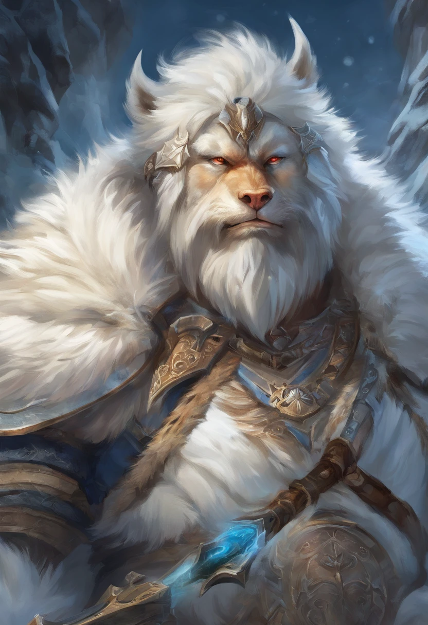 Close-up of a white bear with blue eyes, fur-clad barbarian goliath, giant bear human hybrid, Wearing intricate fur armor, gnoll, detailed white armor, Raging Bugbear, Male polar explorer, bugbear, Fur armor, intricate white armor, Manbear Pig, Titans of Erebos, 12 Ursa Major, White Ghost Hulk