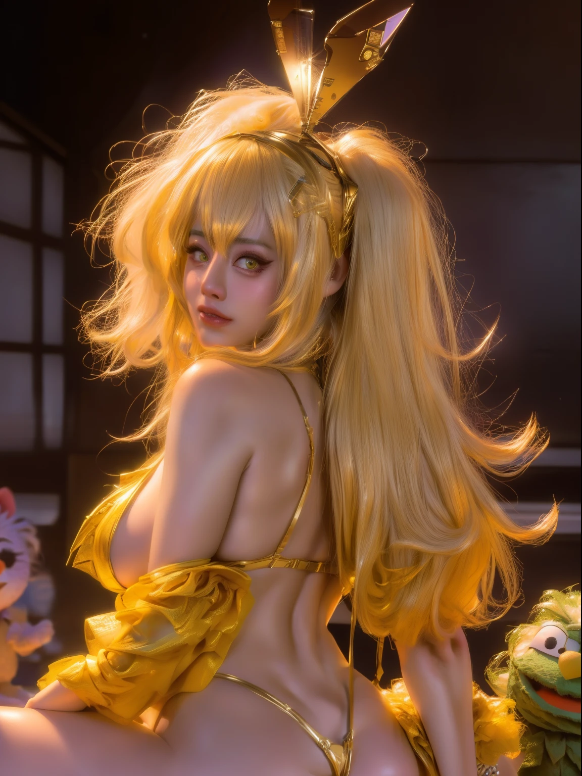 (best quality,4k,8k,highres,masterpiece:1.2),ultra-detailed,(realistic,photorealistic,photo-realistic:1.37),cosplayer byoru, detailed pussy, detailed ass, she is in slutty Sesame Street character themed costume. She is posing lewd for her fans. She is in Sesame Street settings. There are crowds of fans taking pictures. Show her entire body from head to toe.