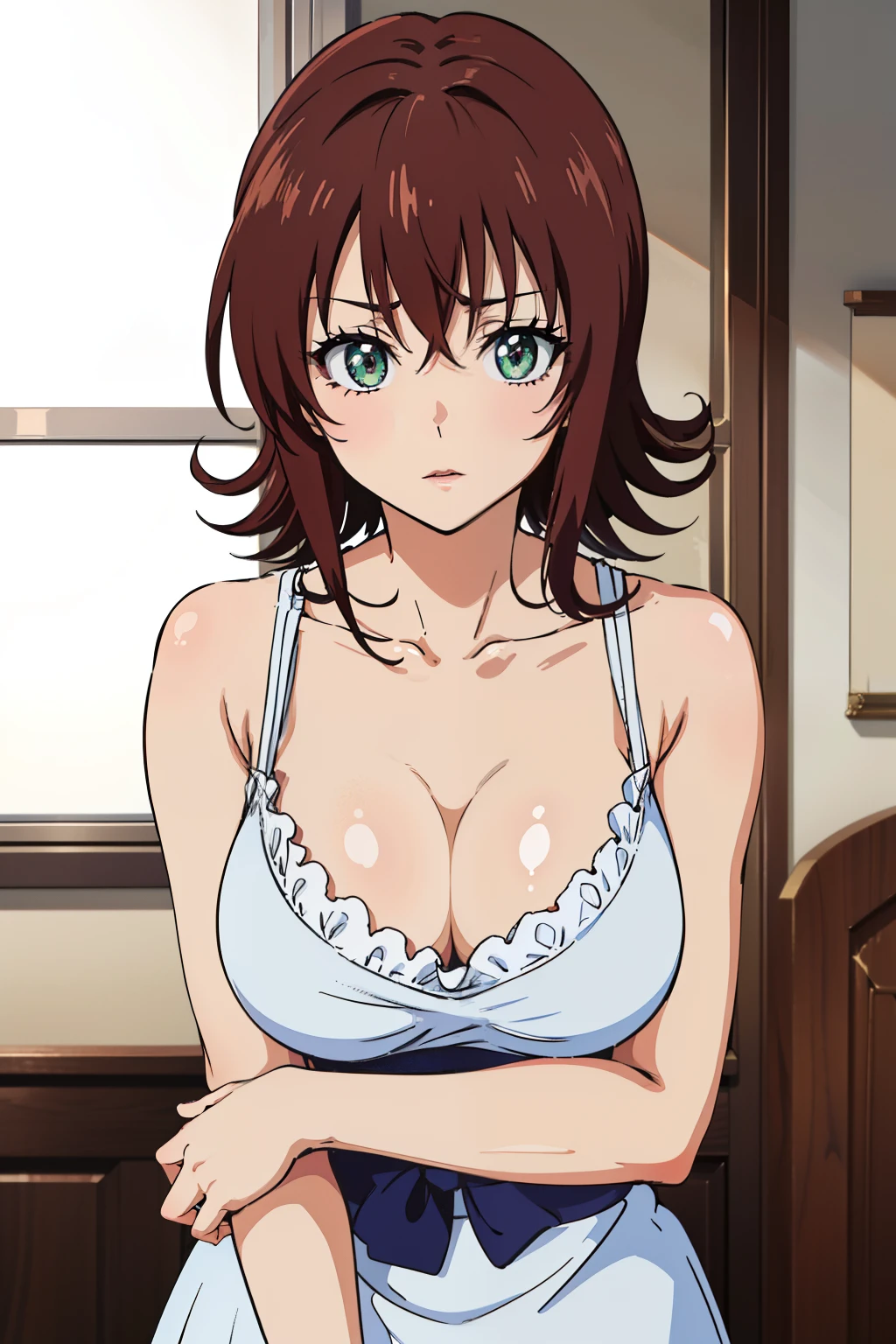 (Best Quality, masutepiece, High resolution, anime screen cap, anime colours), Red hair, ryouko, Embarrassed look:1.3, (large breasts with drooping:1.8, cleavage), (Thin fabric, Large white camisole:1.8, no-bra:1.5, Wide open chest), Slimed, Lower your arms, Leaning forward, Upper body, Close-up on the chest, Bedrooms, (Perfect Anatomy, perfect detailed body, Eyes and hair in beautiful detail, Beautiful breasts and skin),