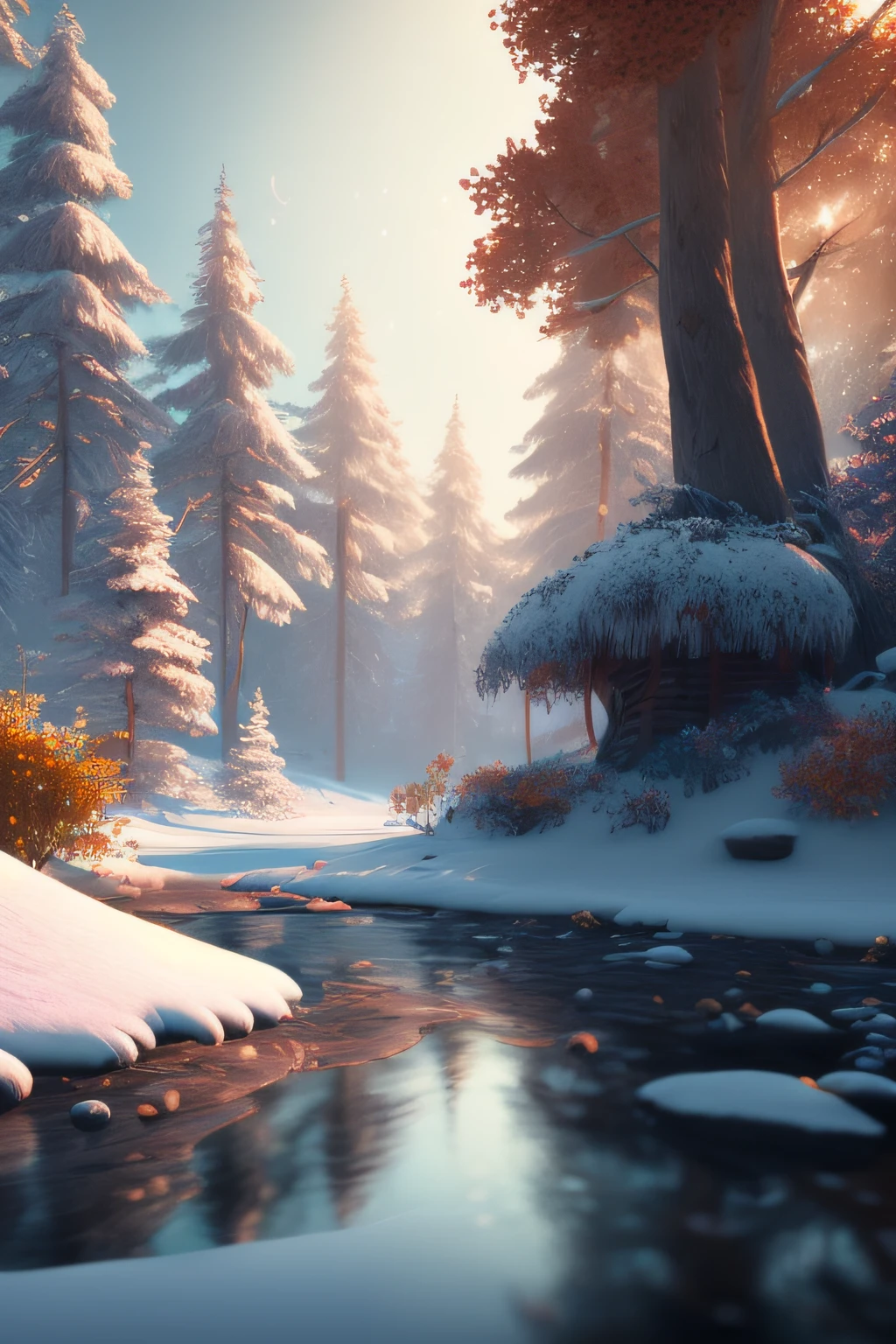Ein Bild eines Weihnachtsmanns , ein glitzernder Schnee, eine bunte magische Schneeflocke, ein unwirkliches Waldthema, ein murmelnder Bach, dim colors, Ultra-HD, realistisch, Lebendige Farben, Highly detailed, UHD-Zeichnung, Feder und Tinte, Perfekte Komposition, Beautiful, detaillierte, komplizierte, wahnsinnig detaillierte Oktan-Renderings, die auf ArtStation im Trend liegen, Artistic 8K Photography, Fotorealistische Konzeptzeichnungen, Weiches, Natural, volumetrisches, filmisches, perfektes Licht