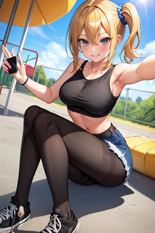 masterpiece, best quality, AiHayasakaV4, 1girl, solo, breasts, blush, blue eyes, blonde hair, hair ornament, hair between eyes, nail polish, side ponytail, scrunchie, hair scrunchie, blue nails, blue scrunchie, ((slim body)),((slim legs)),((slim thighs)), ((medium breasts)),((sunny day)), ((sitting on floor)), (feets in first plan:1.4)), ((show feets:1.4)), ((playground background)), ((smile smug face)), ((black pantyhose:1.4)), ((black school shoes)), ((short jeans)), ((black tank logo)), ((underboob)),