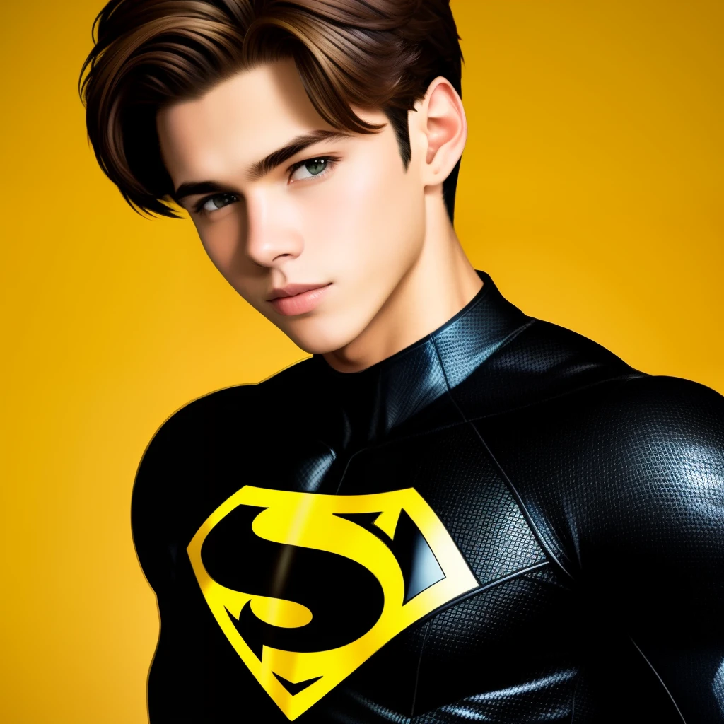 Brown hair 19 year old boy who is a speedster in a black superhero suit with yellow accents