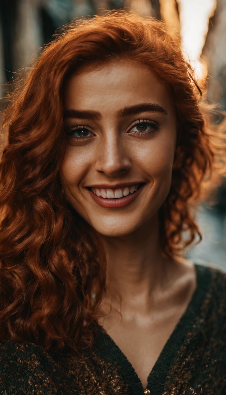 a close up photo of a 20 year old turkish woman in a istanbul, seductive smile, ginger hair, cinematic light, film still,