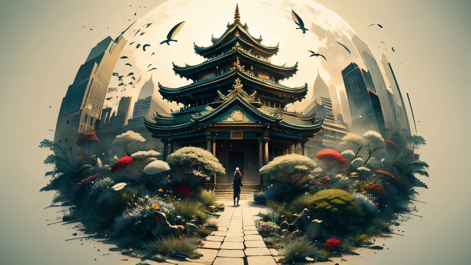 Absurd, high resolution, ultra-detailed, (1 girl:1.3), broken, design a beautiful temple scene, intricate architecture, lush gardens, and a sense of peace and spirituality. Broken, creating an image of a destructive demon with terrifying features, dark powers, and a thirst for chaos and destruction. Broken, designed with a fisheye effect image that captures a wide field of view with a unique curved viewing angle. Break to create rooftop views in urban environments with panoramic cityscapes, dramatic skylines, and a sense of elevation. Break , illustrating the tender moments between parents and children, capturing their bonds, love, and connection. Broken, using pointillism to illustrate images, carefully placed tiny dots of color to create a cohesive and visually stunning whole.