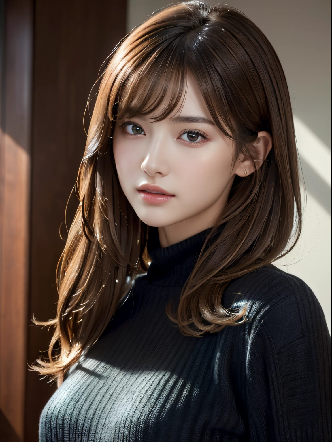 (masuter piece:1.3)、(8K、Photorealsitic、Raw photography、top-quality: 1.4)、(1girl in)、美丽的面容、(Lifelike face)、(light brown hair:1.5)、(Medium Hair)、Beautiful hairstyle、(One eye is hidden by bangs:1.5)、Realistic brown eyes、Beautiful details、(real looking skin)、Beautiful skins、(Black sweater)、absurderes、enticing、embarrassed、超A high resolution、A hyper-realistic、high-detail、the golden ratio