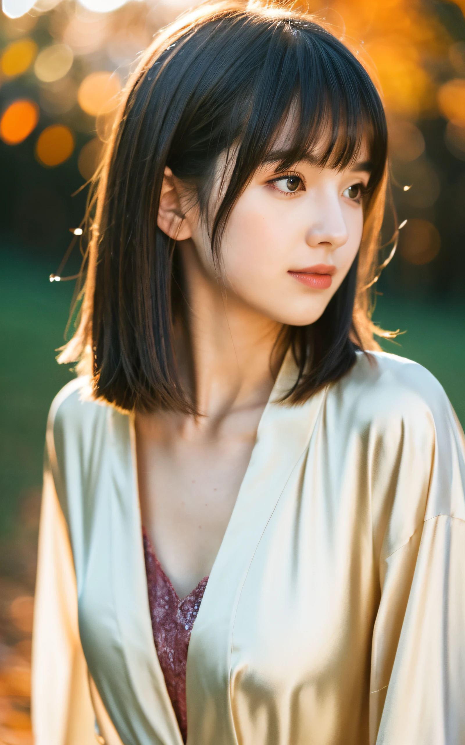 masutepiece, Best Quality, 8K, 20 yo, (large full breasts:1.2), autumn night, cute little, Solo, sad, close up, Cute, Girly, Delicate girl, Neat and clean beauty, Raw photo, Professional Photography, Portrait, Soft light, Professional Lighting, Back lighting, Upper body, Sophisticated, Film grain, (Eyes and faces with detailed:1.0), Short-length floating hair , Beautiful flowing hair, Bangs, Silk blouse, Jacket