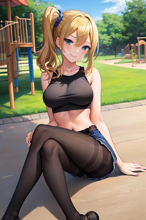 masterpiece, best quality, AiHayasakaV4, 1girl, solo, breasts, blush, blue eyes, blonde hair, hair ornament, hair between eyes, nail polish, side ponytail, scrunchie, hair scrunchie, blue nails, blue scrunchie, ((slim body)),((slim legs)),((slim thighs)), ((medium breasts)),((sunny day)), ((sitting on floor)), (feets in first plan:1.4)), ((show feets:1.4)), ((playground background)), ((smile smug face)), ((black pantyhose:1.4)), ((black school shoes)), ((short jeans)), ((black tank logo)), ((underboob)),