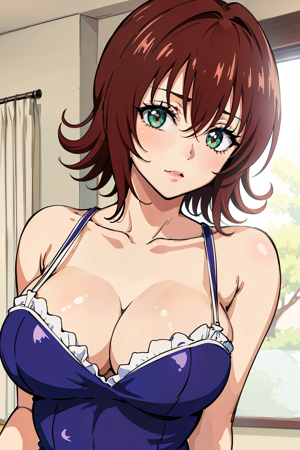 (Best Quality, masutepiece, High resolution, anime screen cap, anime colours), Red hair, ryouko, Embarrassed look:1.3, (large breasts with drooping:1.8, cleavage), (Thin fabric, Large white camisole:1.8, no-bra:1.5, Wide open chest), Slimed, Lower your arms, Leaning forward, Upper body, Close-up on the chest, Bedrooms, (Perfect Anatomy, perfect detailed body, Eyes and hair in beautiful detail, Beautiful breasts and skin),