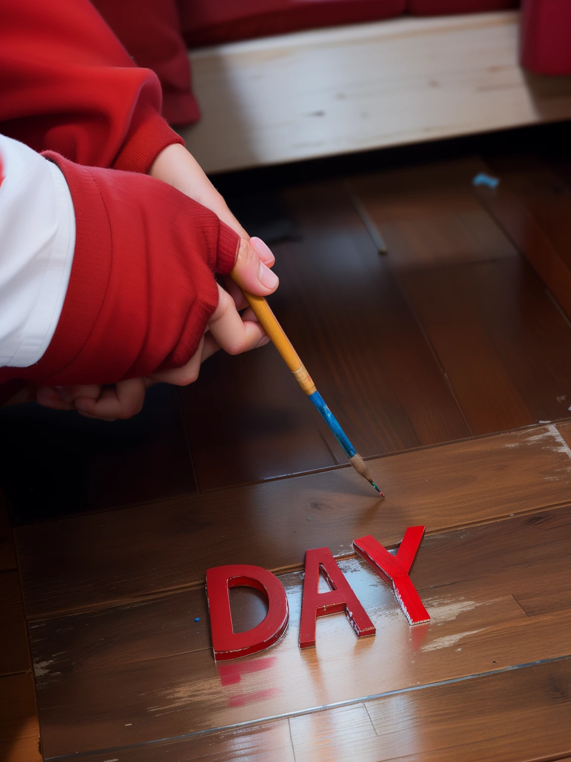 someone is painting the word day on a wooden floor, ben - day, saving the day again, red writing, middle of the day, i've had a rough day, x - day, day, mid-day, diy, during the day, in the middle of the day, not yet day, mid day, closeup photograph, good day, day after raining