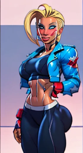 Drawing of cammy_white , cammy sf6,1girl ,solo , bang , scar on cheek ,blonde hair , blue eyes, short hair, sports bra, jacket , yoga pant, looking at viewer, upper body ,blush , smile , happy , red lipstick, ink, outline, comics lineart, black and white Manga, veins, beautiful face, full lips, slim face, high cheekbones, muscular,