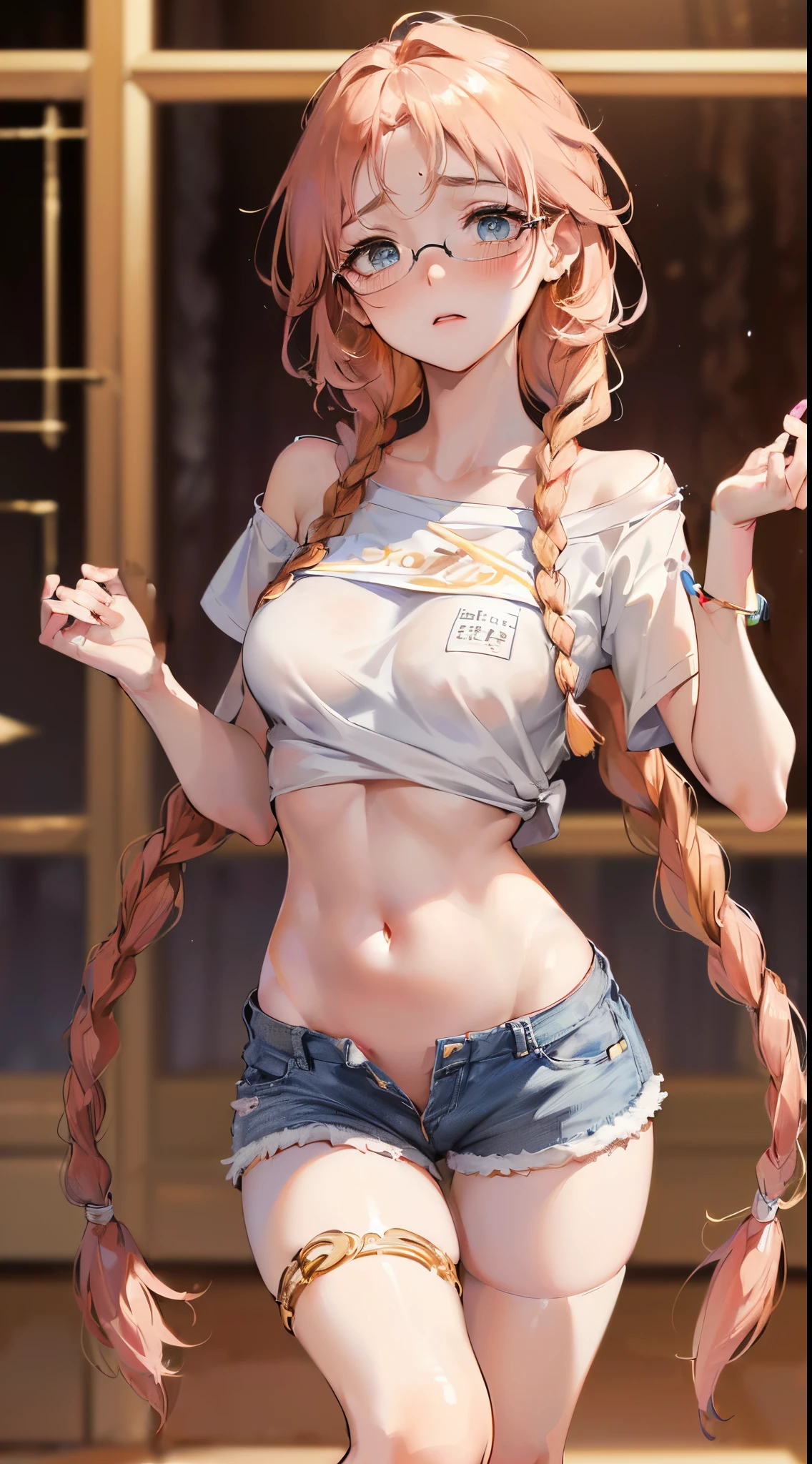 1womanl,Golden head hair, ,((Impatient expression)),Beautiful breasts,((White Tube Top T-Shirt,shortpants)),slender style,,(Facing the front)(((Blushing cheeks、Surprised look)),(((Braids))),((( ((Legs wide open)))))Frameless glasses,Blue eyes,(((Bangs are aligned)))((Close-up from directly below))