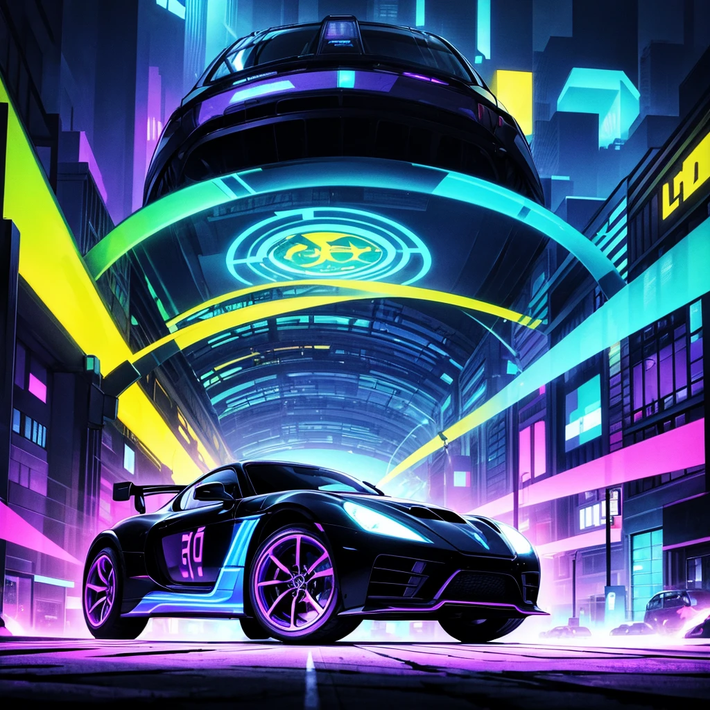 BlackLight Art, black light art, UV sensitive, silhouette of a sports car on a metropolis street, Psychedelic, tmasterpiece