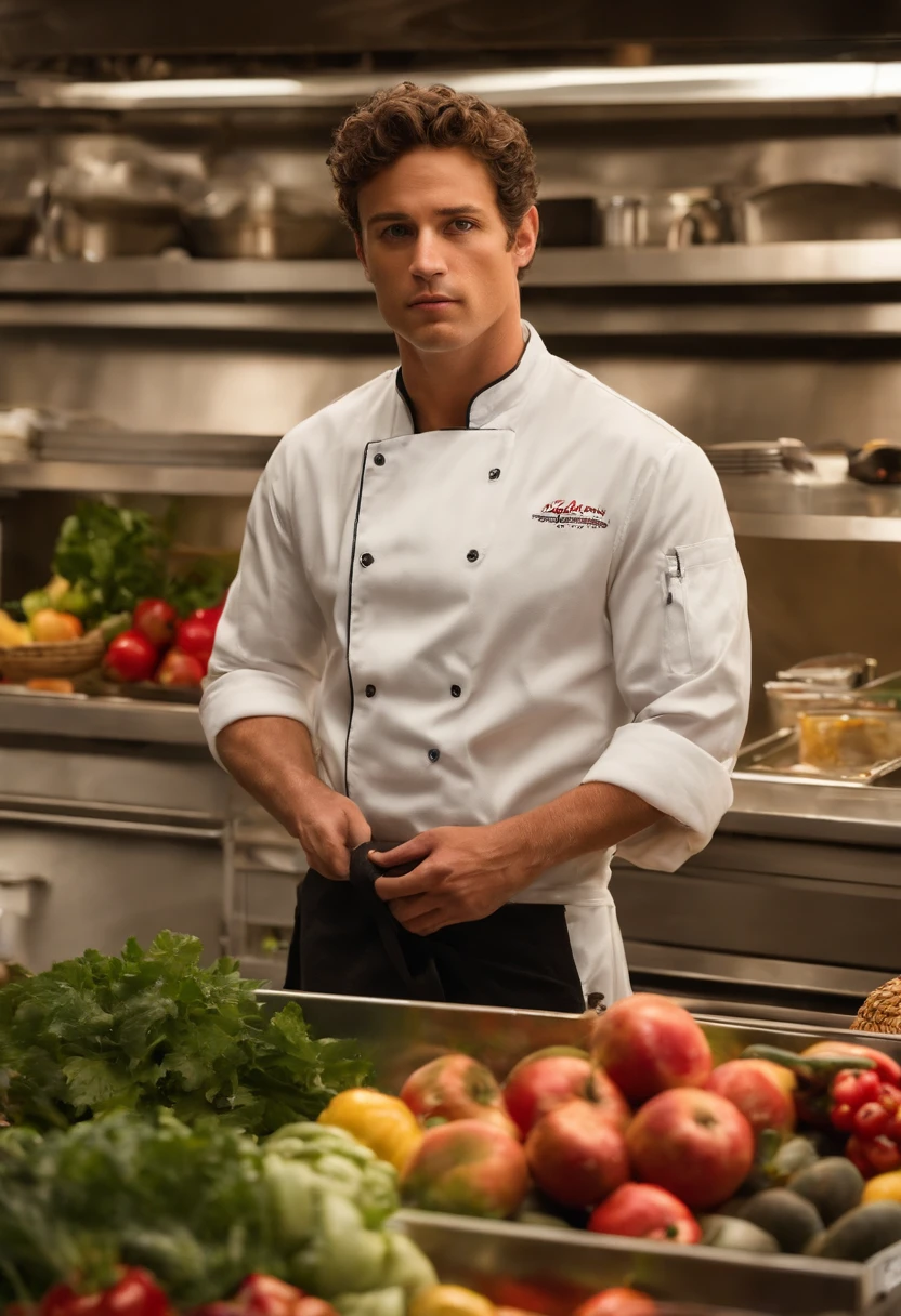 A photo of Carmy carefully selecting the freshest produce from a local farmer's market,The Bear,Carmen “Carmy” Berzatto, portrayed by actor Jeremy Allen White, is a young chef with a lean and agile build, reflecting his bustling energy in the kitchen. He has a rugged, somewhat weary appearance, with short, tousled dark hair and intense, expressive eyes that often convey the weight of his personal and professional pressures. Carmy’s typical attire in “The Bear” includes a white chef’s coat or a simple t-shirt., male