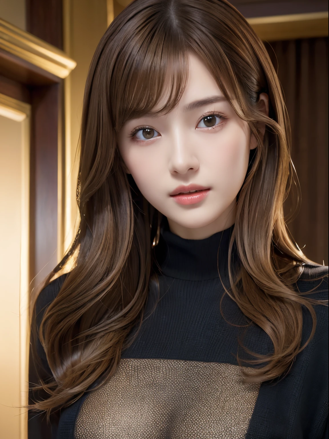 (masuter piece:1.3)、(8K、Photorealsitic、Raw photography、top-quality: 1.4)、(1girl in)、美丽的面容、(Lifelike face)、(light brown hair:1.5)、(Medium Hair)、Beautiful hairstyle、(One eye is hidden by bangs:1.5)、Realistic brown eyes、Beautiful details、(real looking skin)、Beautiful skins、(Black sweater)、absurderes、enticing、embarrassed、超A high resolution、A hyper-realistic、high-detail、the golden ratio