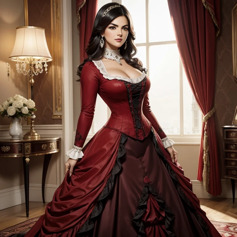 Mujer hermosa, Maite Perroni, Parte superior del cuerpo, British Regency in red Victorian dress from the 19th century