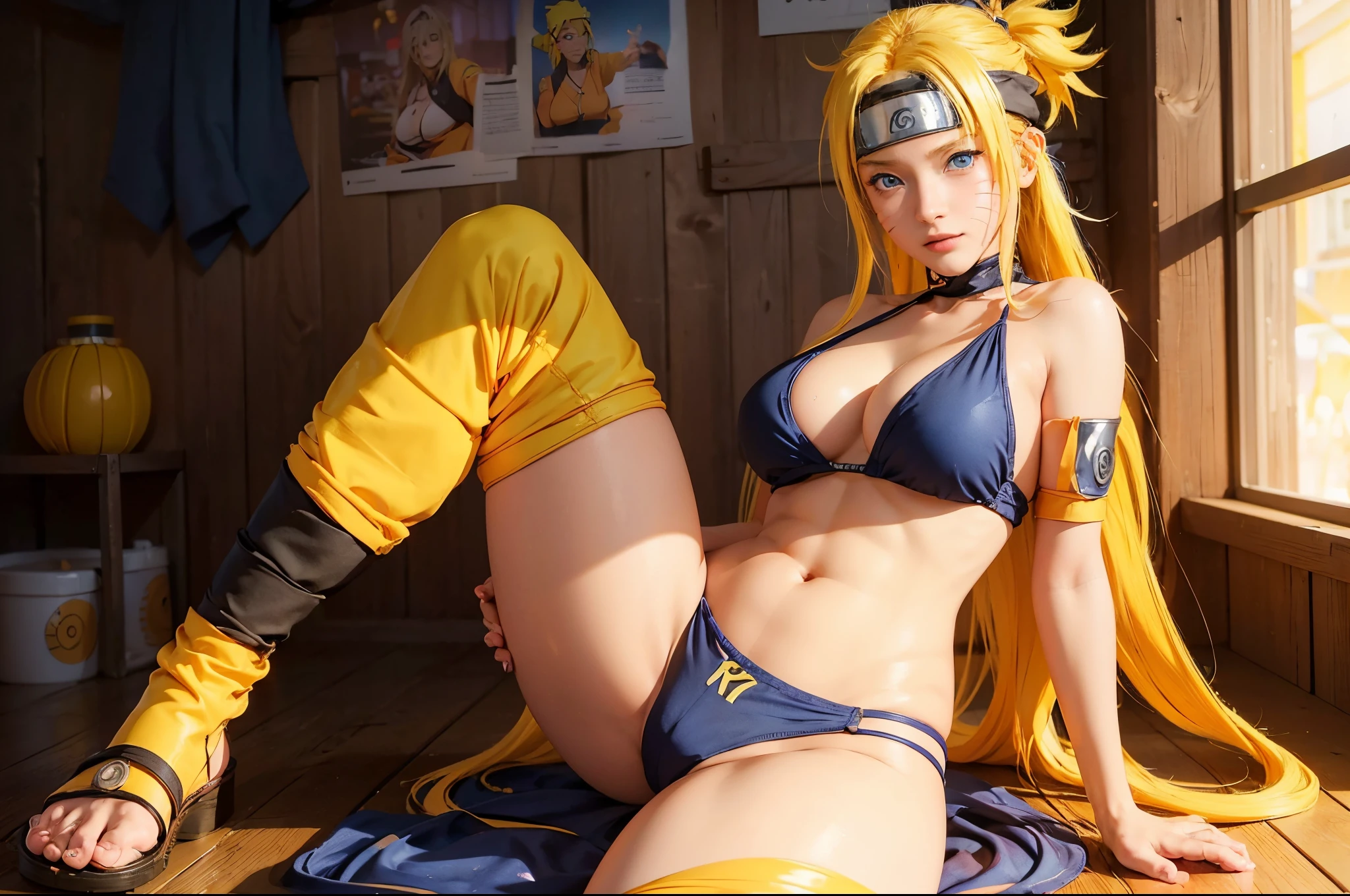 generate Naruto from naruto anime, best quality, masterpiece,so manygirl, (yellow hair), smile, raytracing, ultra detailed, 8k wallpaper, wide hips, tsundere face, large breast, ninja headband. (long hair:1.1),yellow hair, ((blue eyes)), looking at viewer, collarbone, orange  bikini, cleavage, female, at ramen shop, eating ramen. surrounded by narutoes, cat whiskers cheek, (((more than 2 narutoes))) full body picture, full body shoot, masterpiece, best quality:1.2),(8k,highres,RAW photo,realistic,photo-realistic:1.3),(detailed skin texture,detailed cloth texture,beautiful detailed face:1.25),professional lighting,photon mapping,beautiful soft light,radiosity,physically-based rendering,model shoot style, model shoot style, (extremely detailed CG unity 8k wallpaper), full shot body photo of the most beautiful artwork in the world, complex 3d render ultra detailed, looking at viewer, 18 yo, wet hair, real human skin, vibrant details, hyperrealistic, beautiful, octane render, 8k, best quality, masterpiece, an extremely delicate and beautiful, extremely detailed ,CG ,unity ,wallpaper, (realistic, photo-realistic:1.37),Amazing, finely detail, masterpiece,best quality,official art, extremely detailed CG unity 8k wallpaper ,extreme detailed eyes, (perfect face), shiny skin, colorful, highest detailed, vibrant colors, ultra high res, (high contrast), intricate, lens flare,