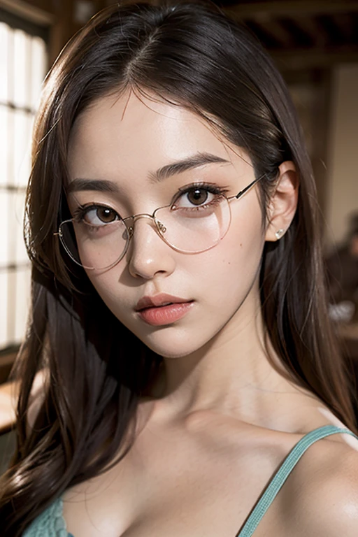 (Best Quality, masutepiece), 1girl in, Dappled sunlight, Indoors, Glasses, Shy, 1 girl, Young Girl, (Goosebumps:0.7), Beautiful face, (eye line, lip stick:0.9), 4K, 8K, nffsw, nffsw, Detailed background, Background