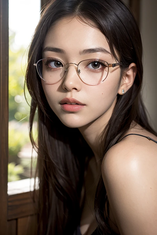 (Best Quality, masutepiece), 1girl in, Dappled sunlight, Indoors, Glasses, Shy, 1 girl, Young Girl, (Goosebumps:0.7), Beautiful face, (eye line, lip stick:0.9), 4K, 8K, nffsw, nffsw, Detailed background, Background