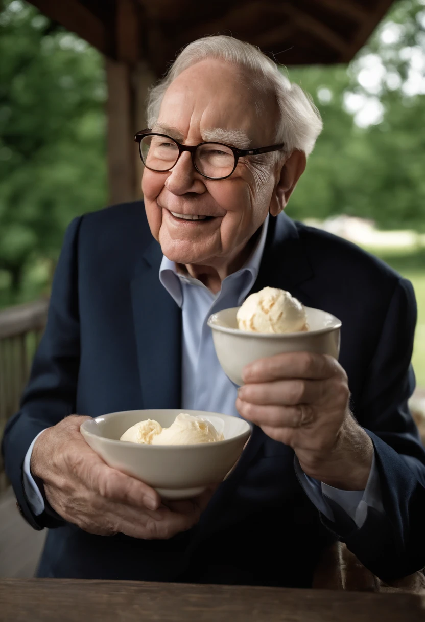A photo of Warren Buffett enjoying a bowl of homemade ice cream on his front porch,original,Warren Buffett, often referred to as the “Oracle of Omaha,” has a friendly, approachable appearance, typically seen in modest, practical attire that belies his status as one of the world’s wealthiest individuals. He has an unassuming demeanor, often seen with a gentle smile, and his elderly visage is marked by a warm, grandfatherly appeal. , male
