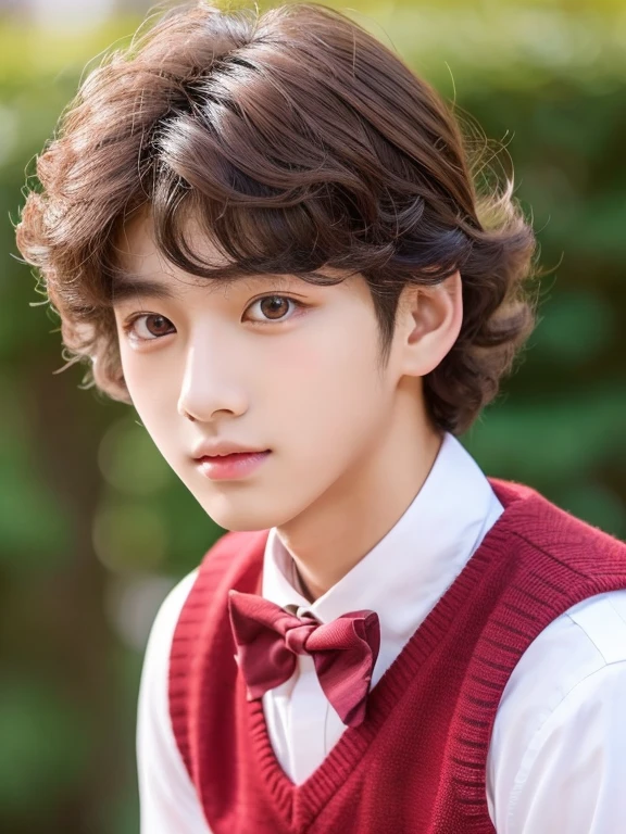 Korean high school boy , he is a handsome boy  wearing a red school uniform,big eyes with curly eyelashes and hazel colored eyeballs, a sharp nose, and pink lips, he has short, straight hair