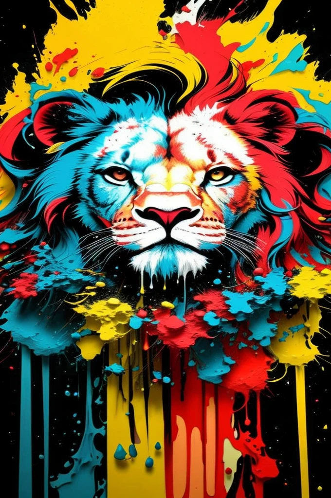 a colorful lion with splashes of paint on its face, awesome art, pintado em aquarelas brilhantes, arte deslumbrante, awesome art, respingo de cor, cores selvagens, gotejamento com cor, arte linda, cores fortes, salpicos de cor, Arte colorida, pintura colorida, estilo de arte impressionante, cores fortes e vibrantes, Arte de Alessandro Pautasso, vivid vibrant colors
