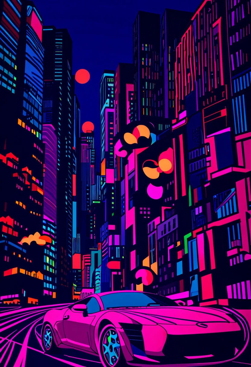 BlackLight Art, black light art, UV sensitive, silhouette of a sports car on a metropolis street, Psychedelic, tmasterpiece