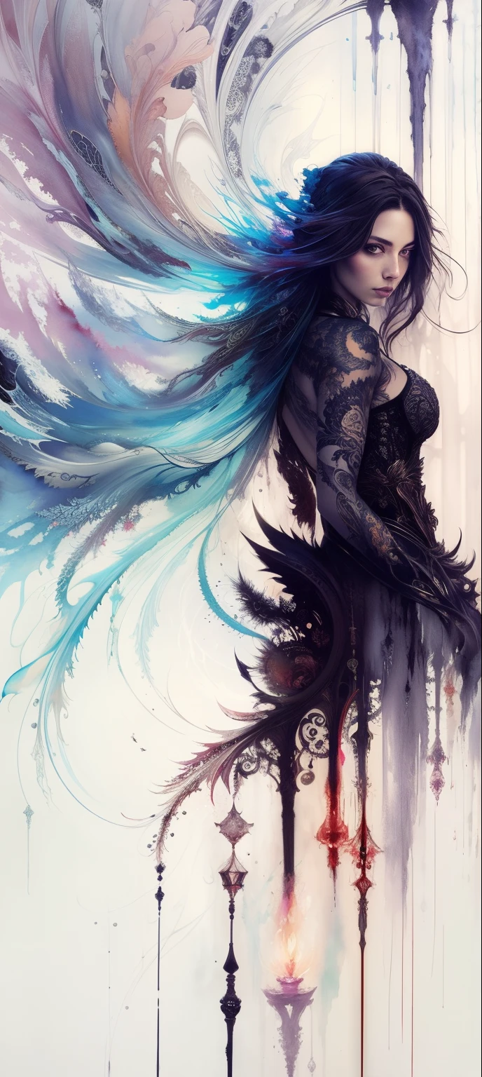Black、White、Blue and Red,(best quality, Ultra Detailed, high resolution, Extremely detailed CG),Wide-angle lens,Dead angel standing on the edge of a cliff,She is very pretty,She likes blood and the ocean,Blood Rain, mystery,Fanatic, Blood Moon, Surreal,fine,The artwork should transition from a pencil drawing style in Black and white on the left half to vibrant colors on the right half, Ensure seamless integration of the two halves,No dividing line, The scenes on both sides are exactly the same, with the left side featuring detailed Black and white pencil strokes and the right side filled with colors, Create a fusion