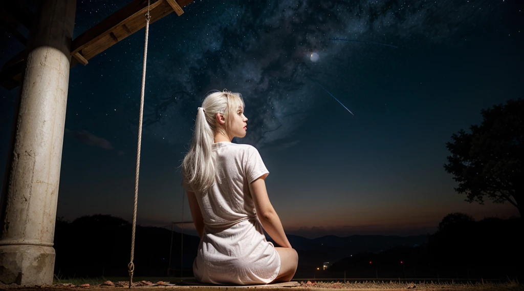 1 girl, White hair, red shirt dress, sitting on a swing in the space, watching the moon at night, starry night sky, back shot